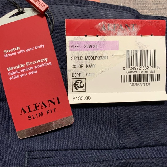 Alfani Slim Fit Flat Traveler Dress Pants 32W/ 34L Navy Blue NWT. - Picture 9 of 10